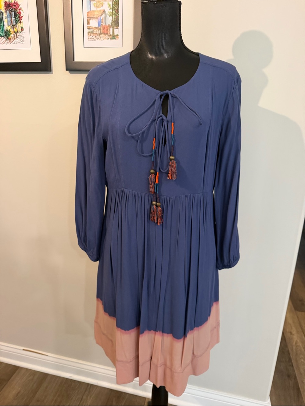 Anthropologie by Holding Horses Women’s Blue Pink Tassel Tie Front Dress Size 6
